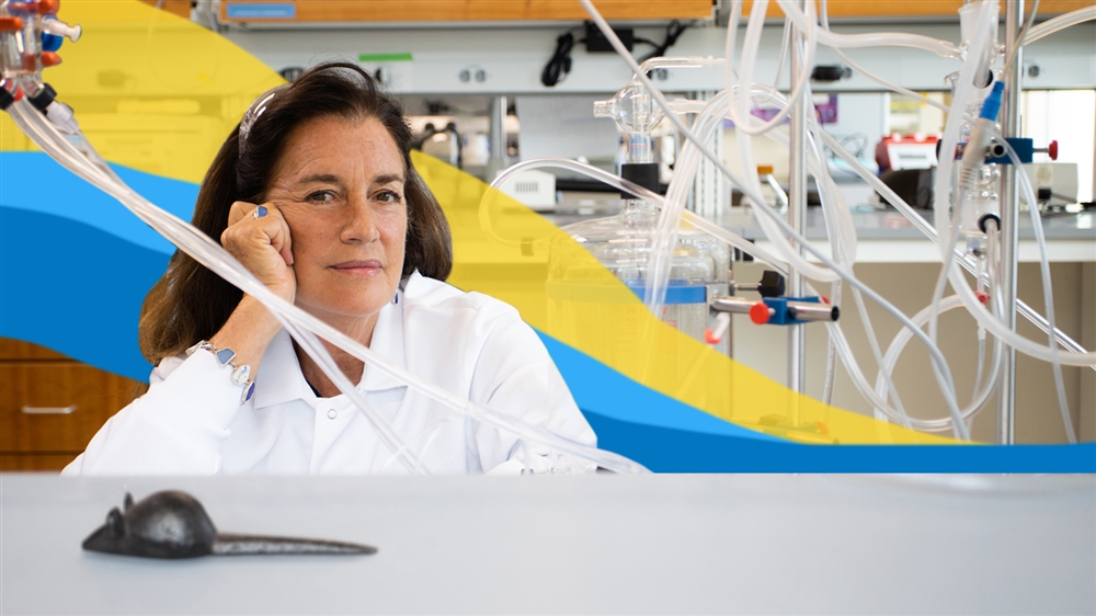 Nadia Rosenthal in her lab with a stylized frame running through the picture